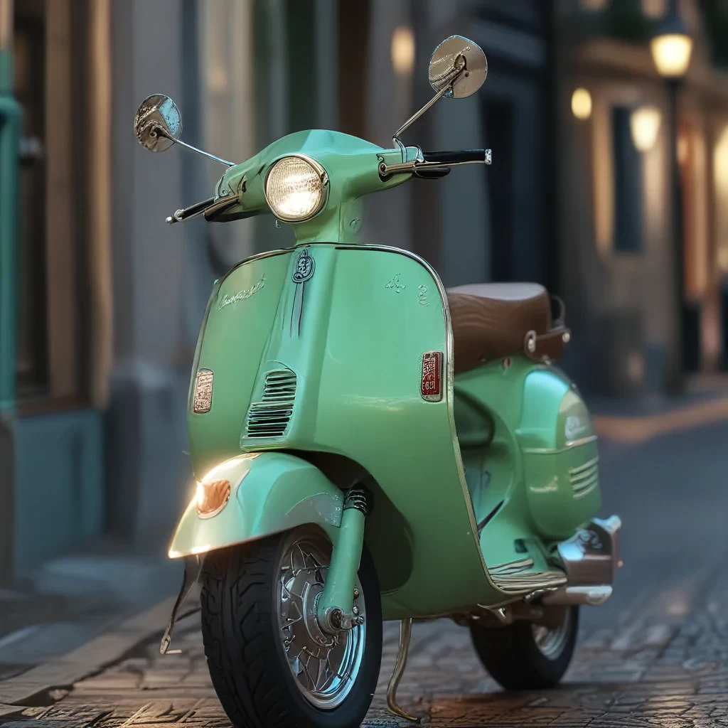 Pastel green vespa, beat, details, shining, perfect lighting, 8k