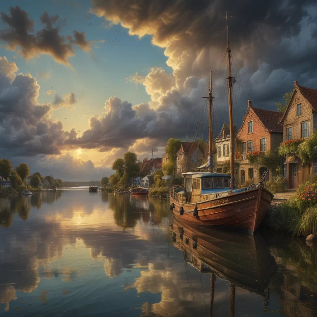 At the end of summer the boat in the water, in the style of hyperrealistic cityscapes, Dutch landscape, dramatic skies, digital painting and drawing, majestic ports, mixed Josephine Wall and Andy Kehoe