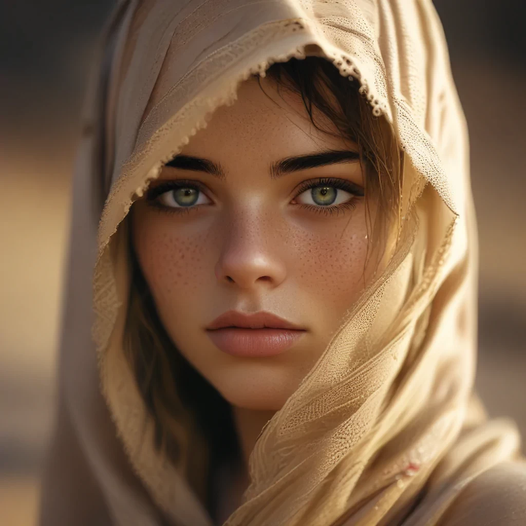 Beautiful young woman, veiled, sandstorm, in the desert , sharp focus, intricate details, vibrant, bokeh, focus on eyes, volumetric lighting, dynamic shadows and highlights, muted colors, shot with Hasselblad, long exposure, shallow depth of field