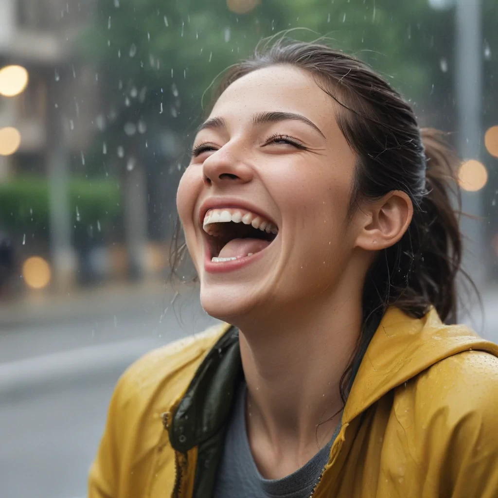 Create an image depicting a person joyously laughing in the rain, captured with a fast camera setting to freeze the motion of the raindrops. The scene should convey happiness and spontaneity, with the raindrops caught in sharp, crystal-clear detail against a blurred background to emphasize the movement and the emotive expression of the subject. Make sure the lighting reflects the mood, possibly with a soft, diffused light that enhances the joyful atmosphere of the moment