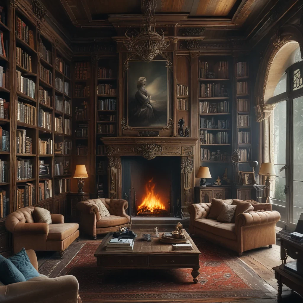 photograph by Max Rive, A striking living room interior, sofa furniture, a living room table, bookshelves, shelving, a fireplace, elegant interior design, perfect layout, consistent colors, moody, hazy, cinematic, surreal, highest resolution, high detail, intricate, best quality, masterpiece, golden ratio