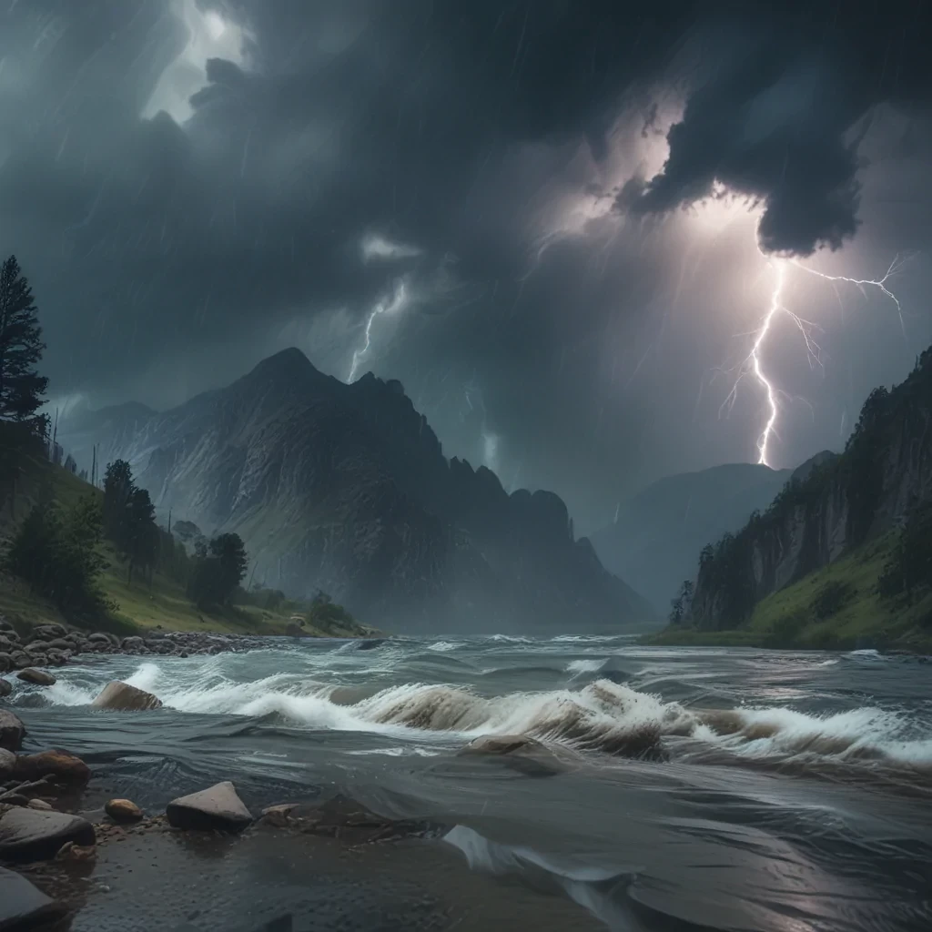 Mountain, rain, thunder, lightning, river, 8k