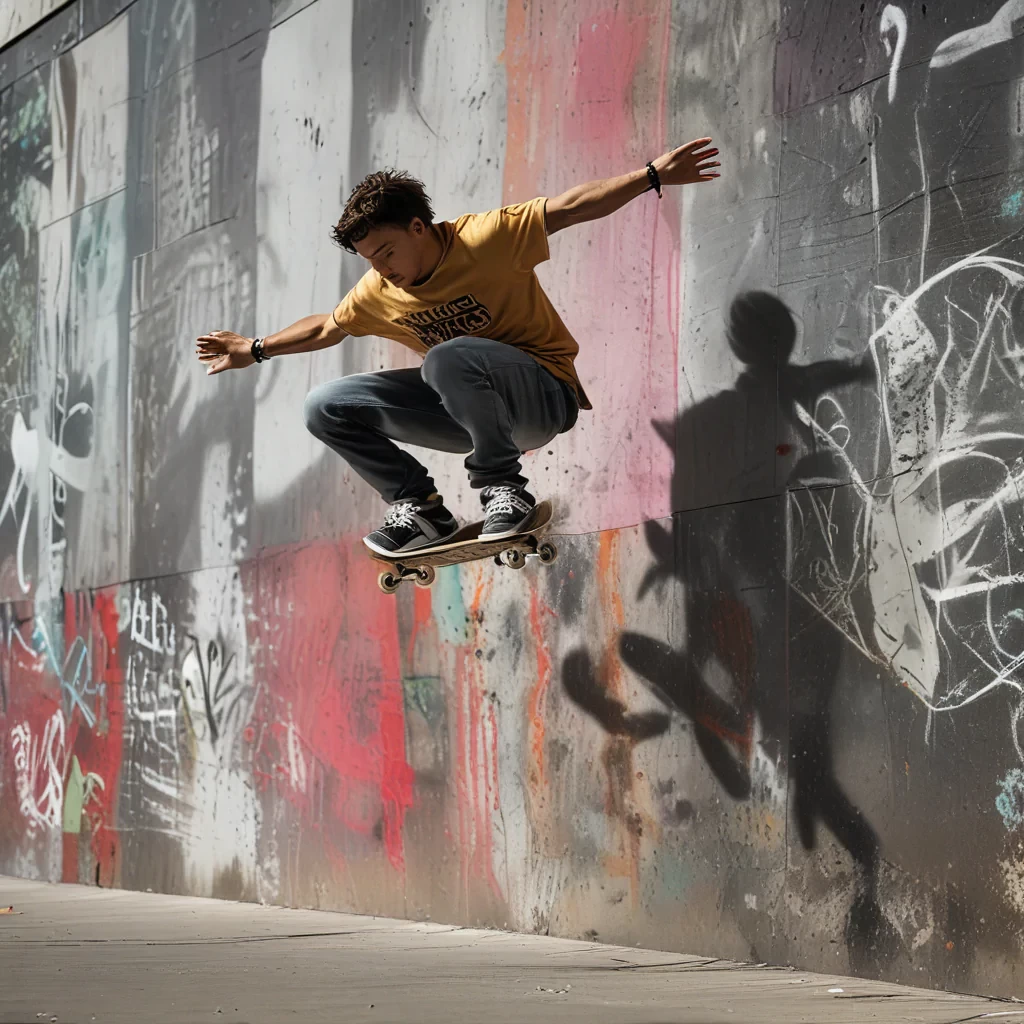 Urban portrait of a skateboarder in mid-jump, graffiti walls background, high shutter speed