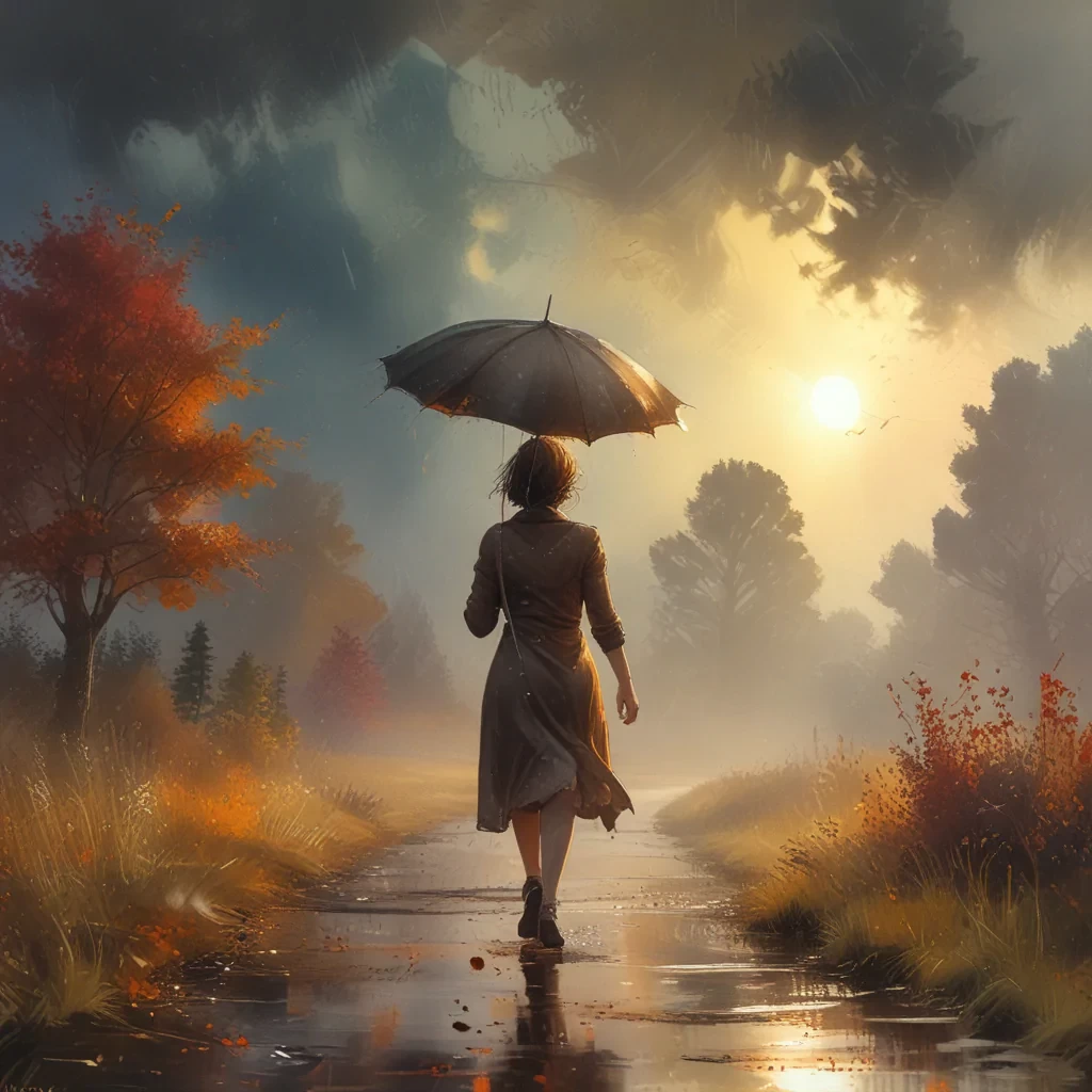 Autumm is here. Windy, light rainy, a woman with an umbrella is wandering through the landscape, atmospheric and oppressive as the sky begins to glow, energy harnessed sporadic glare a sky of emotions, Watercolor, trending on artstation, sharp focus, studio photo, intricate details, highly detailed, by greg rutkowski