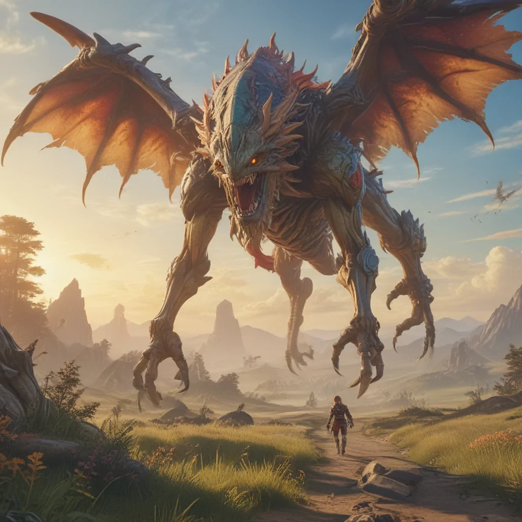 xenoblade landscape, flying alien monstrous beasts inspired by peter mohrbacher, golden hour, hypersharp ue5 photorealistic details, cinematic HDR SSAO RTX, 4k 8k 16k gigapixel render