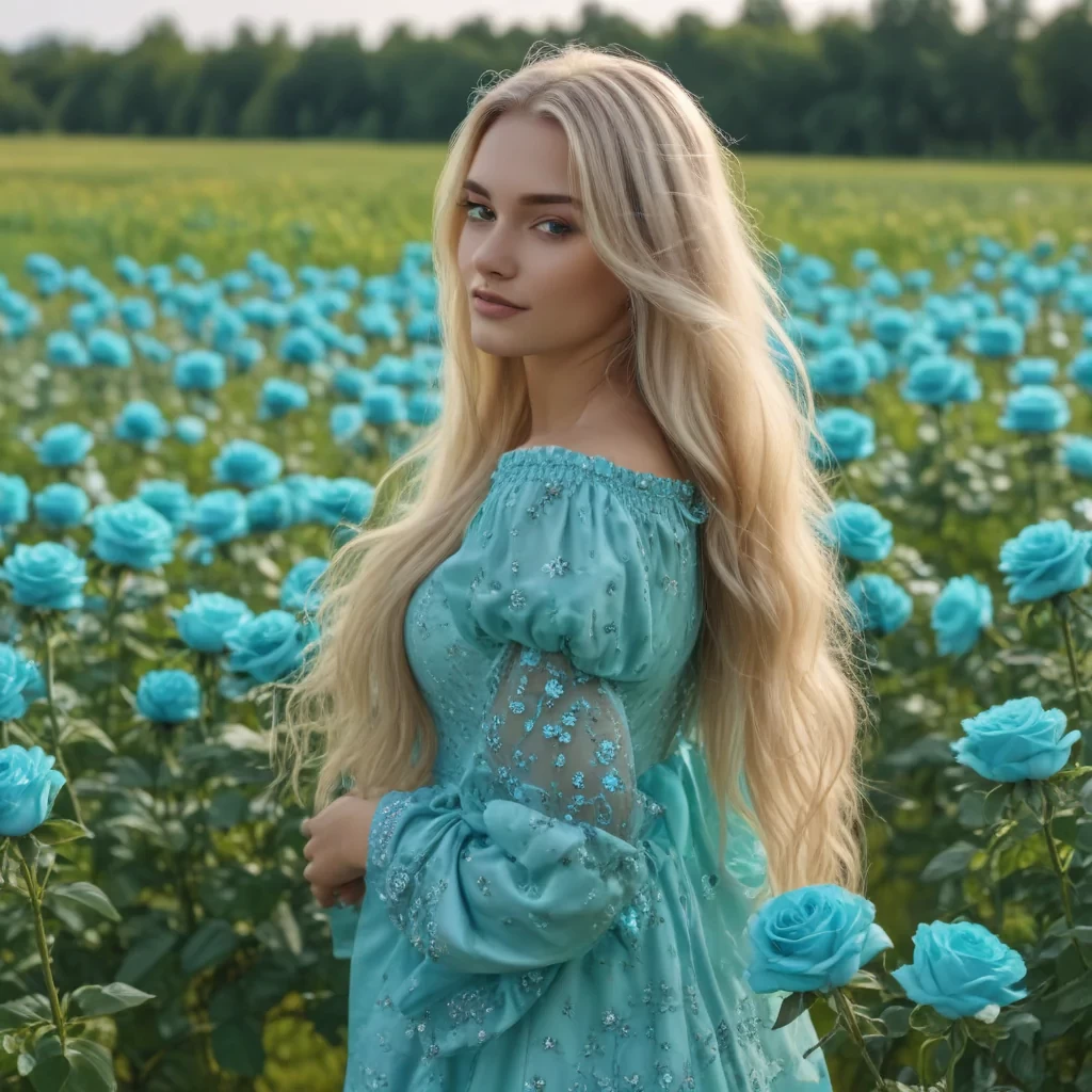 A beautiful woman with very long blonde hair is standing in a magnificent field containing of turquoise diamond roses, 8k