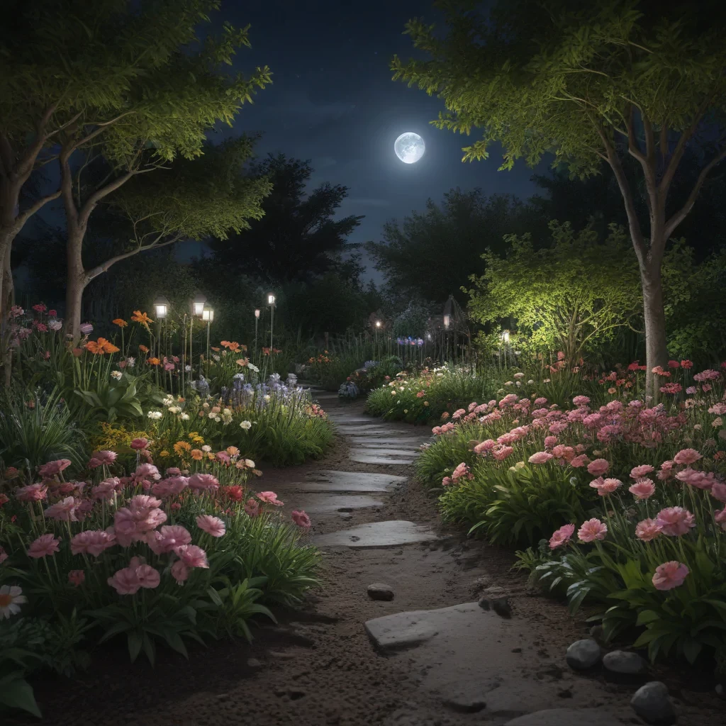 A picture of a garden with flowers blooming at night under the moon with the camera pointed low towards the ground, ultra realistic, photorealistic, vibrant colours, intricate lighting, 8k