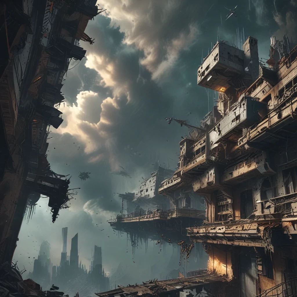 Create a gripping scene of an apocalyptic space station on the brink of collapse, with damaged structures, floating debris, and a sense of impending doom.