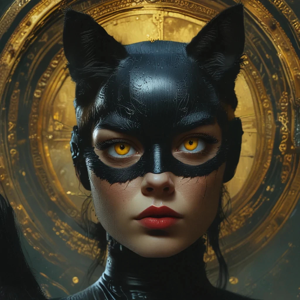a high quality cinematic scene of a Catwoman, circular pupils, round iris, dark wavy hair, filmed on Sony A7iii, 50mm, f/2.8, film director James Cameron , craig mullins, sergio toppi, beksinski, jeremy mann, influenced by pre-raphaellite, red yellow black, magic realism