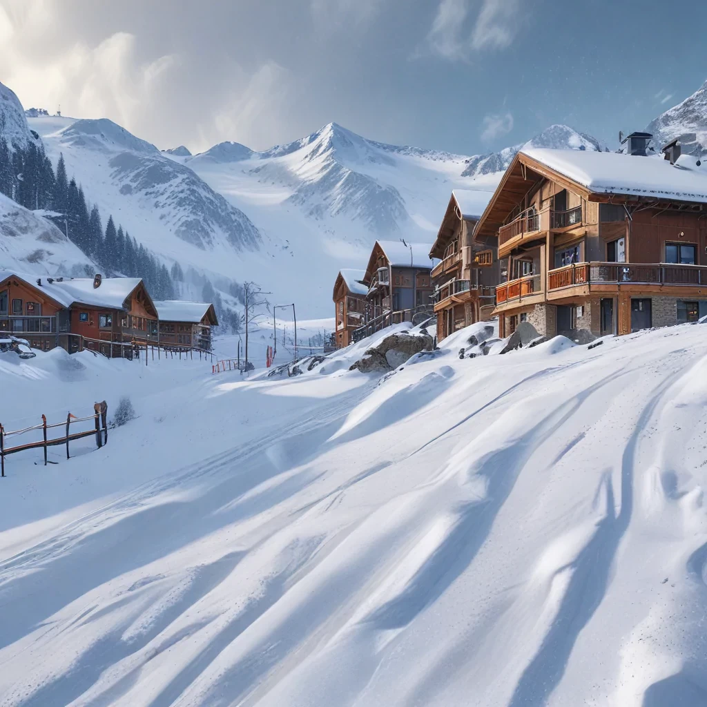 Snowy day, skiing resort, hd, 8k, detailed, vibrant colours , realistic, beautiful