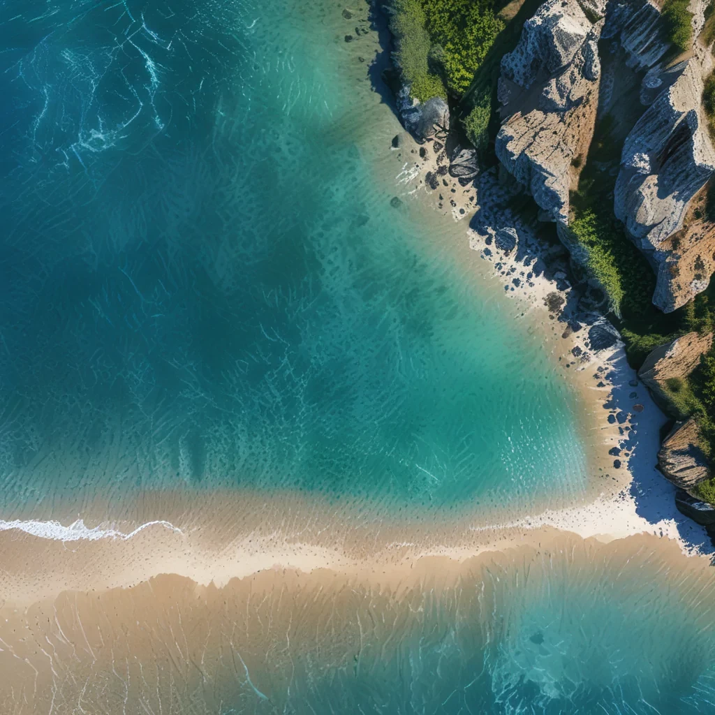 Blue clear water, clean beach, cliff covered with greens, blue sky, high resolution, realistic, detailed , sharp colours, drone photography, side top shot