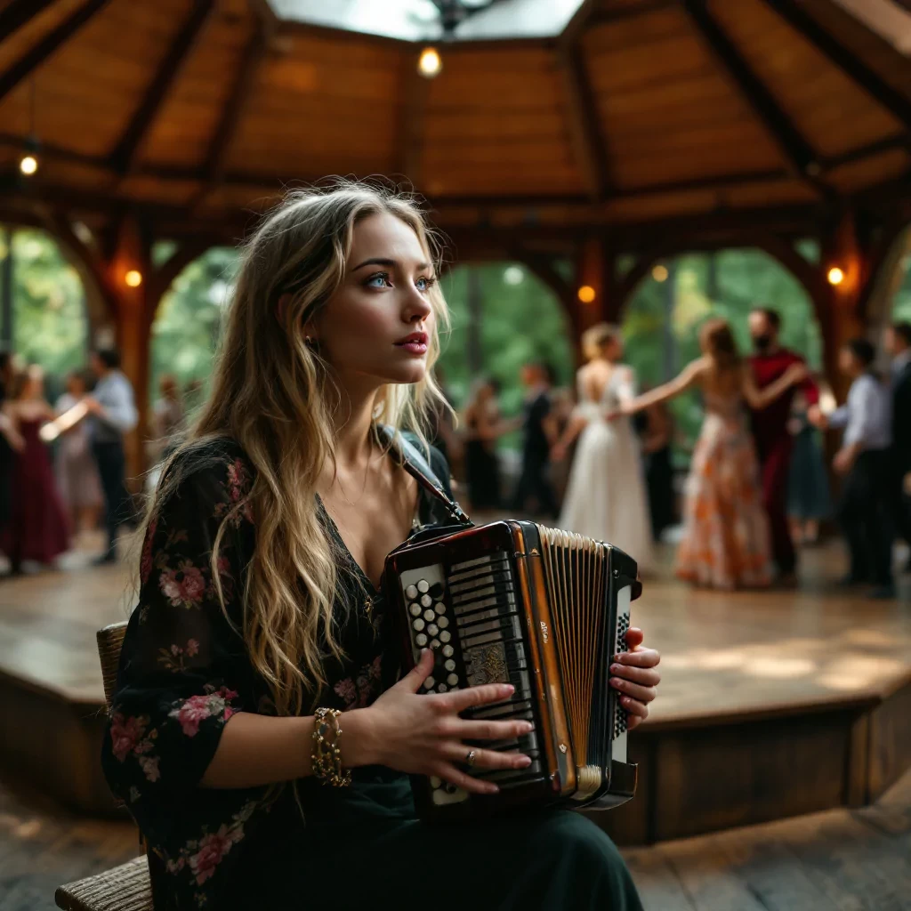 close up shoot, looking away, A beautiful face, blue eyes, long blond-haired beautiful woman in her early thirties playing the piano accordion in the middle of an octagonal wooden dance floor with a wooden roof in the swedish forest, surrounded by dancers dancing in pairs