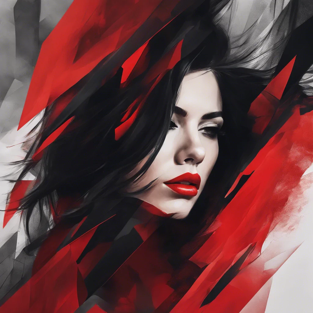 abstract female portrait,undefined hair,red and black color palette,blurred boundaries,upper body,fragmented visual style,evokes feelings of rebellion and passion