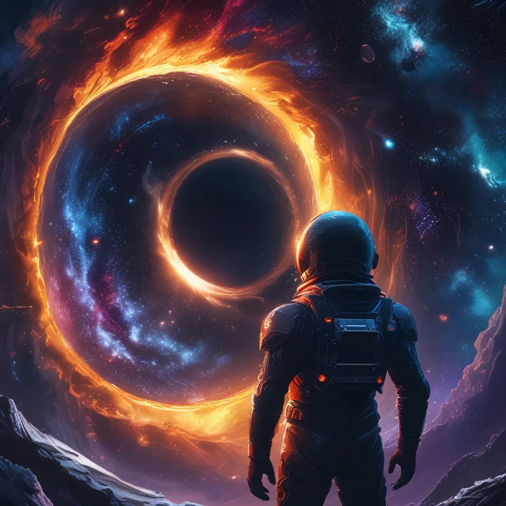 space-themed artwork, a austronaut looking to a black hole, anime style, key visual, vibrant, studio anime, highly detailed, a mysterious image, magical,fantasy, cosmic, dark. cosmic, celestial, stars, galaxies, nebulas, planets, science fiction, highly detailed