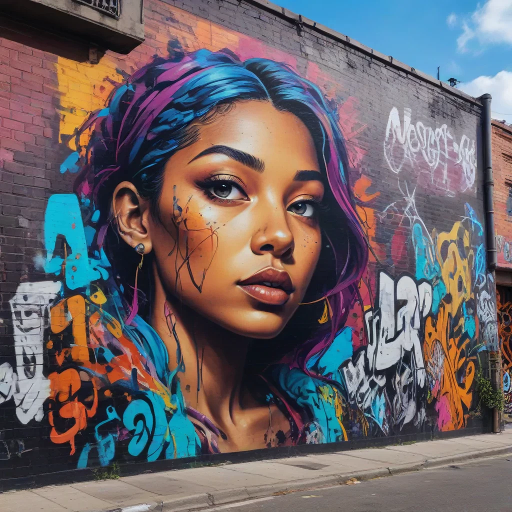 A vibrant urban street art scene with detailed graffiti, colorful murals, a bustling street with diverse characters, dynamic composition, high contrast, 4K resolution