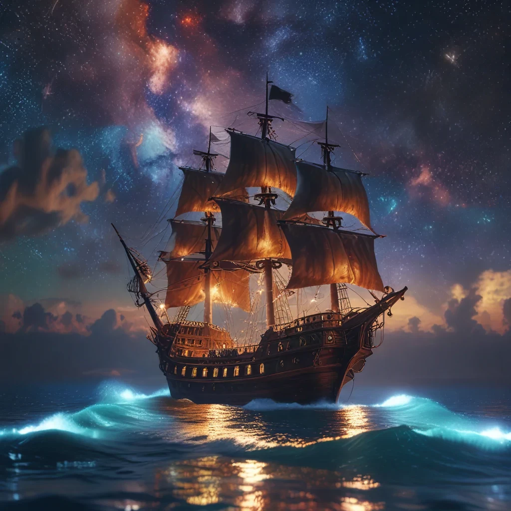 (Illuminated Pirate ship sailing on a sea with a galaxy in the sky), epic, 4k, ultra,