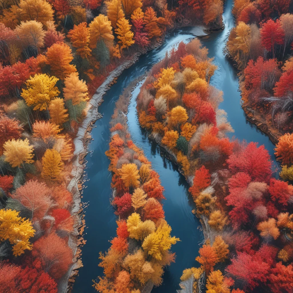 Aerial photography of a winding river through autumn forests, with vibrant red and orange foliage