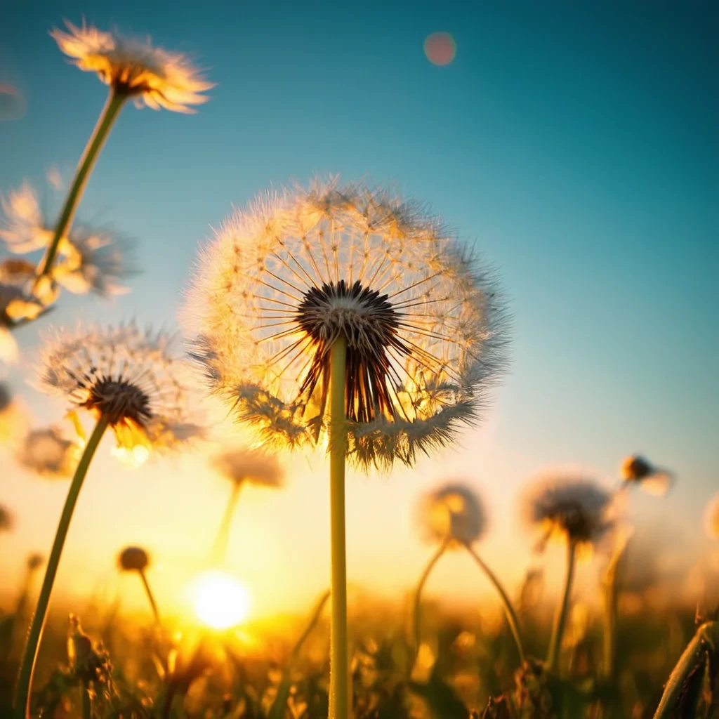 "dandelions and a glorious sunset, by photographer Lee Jeffries nikon d850 film stock photograph 4 kodak portra 400 camera f1.6 lens rich colors hyper realistic lifelike texture dramatic lighting unrealengine trending on artstation cinestill 800
