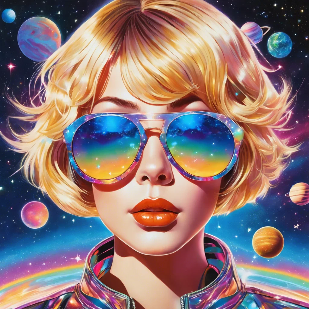 90s anime illustration of a blonde, wearing kaleidoscopic sunglasses which reflect a vast space galaxy full of stars and planets in it's lenses, whute bob haircut, far-out aesthetic, superrealism aesthetic, symmetrical composition by hajime Sorayama, colour scheme by lisa frank