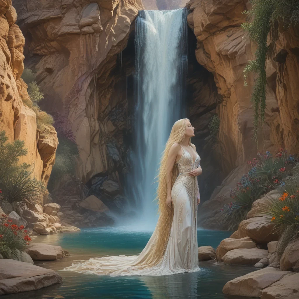 An ethereal artwork depicting a beautiful woman with long, flowing blonde hair, enveloped in a waterfall set in the Nevada desert. The painting features intricate details and rich, jewel-toned colors, with symbolic elements and a mystical atmosphere. The woman's serene and otherworldly presence, along with the dramatic landscape, is rendered in Gustave Moreau's characteristic elaborate and symbolic style