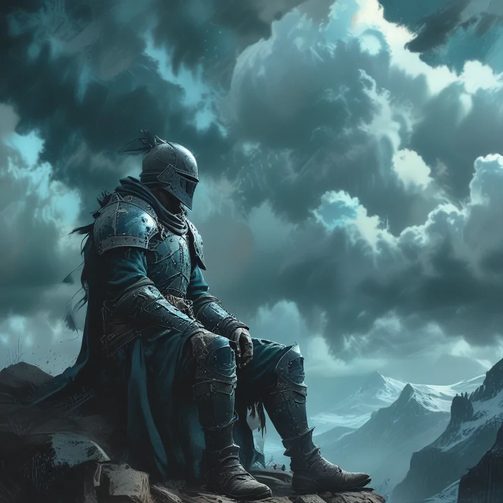 a painting of a knight sitting outdoors, in the style of dark sky-blue and light cyan, ethereal, dreamlike quality, ps1 graphics, lith printing, atmospheric clouds, frostpunk, comic art --ar 24:41 --stylize 750 --v 6