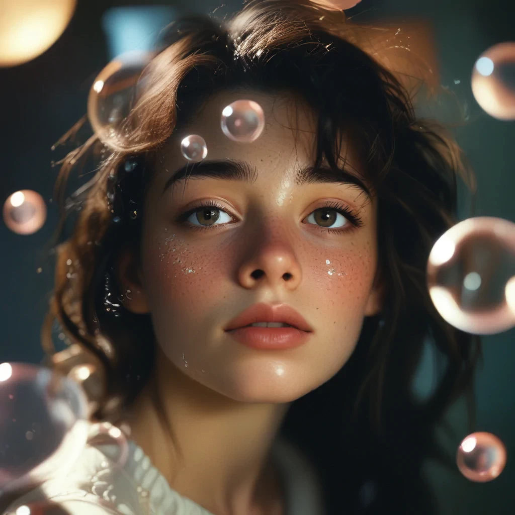 kodak film portrait, beautiful girl surrounded with bubbles detailed, dramatic lighting shadow (lofi, analog-style)