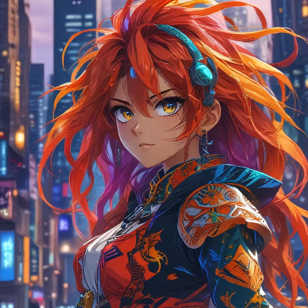 A vibrant anime character with detailed, expressive eyes, dynamic hair, intricate costume design, a lively cityscape background, bold colors, sharp lines, 4K resolution