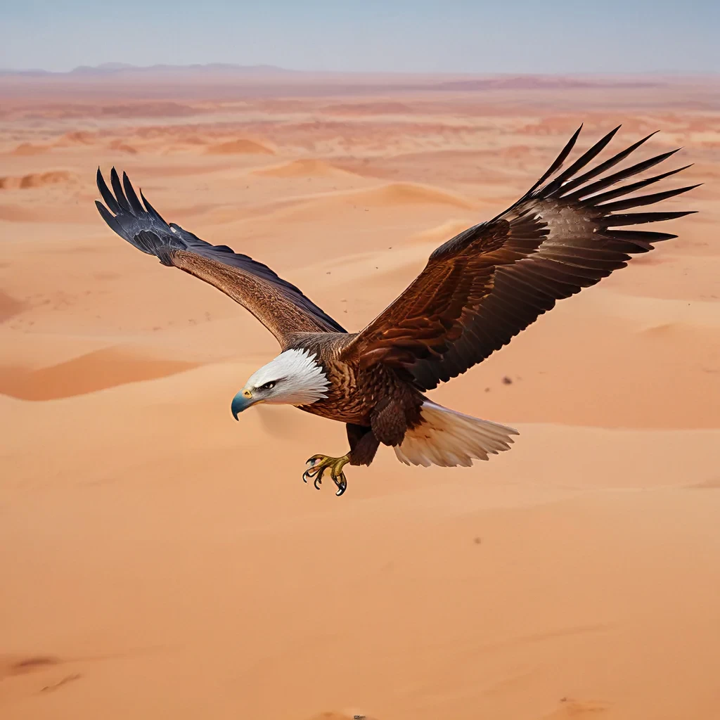 An eagle flying over the sahara desert, best resolution, natural colours, ultra realistic, good shot, 8k
