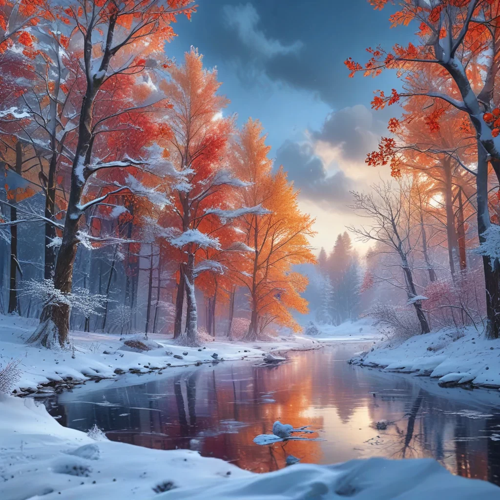 Capture the beauty of the winter season in a single scene, trying seasonal elements and color palettes to convey the harmony of nature’s cycles, ultra realistic, photorealistic, vibrant colours, high resolution