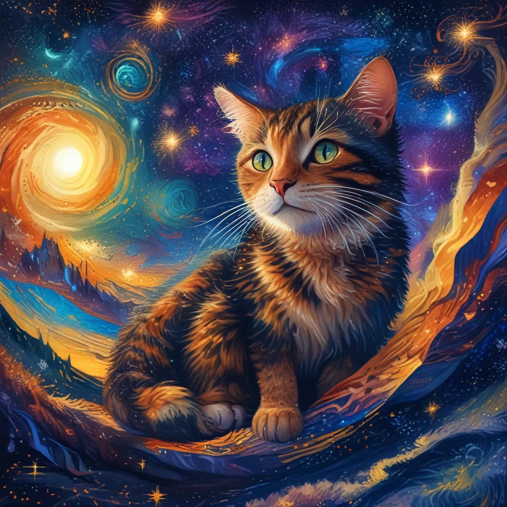 Generate an awe-inspiring and surreal digital painting of a mystical cat adorned with intricate patterns, floating amidst a swirling vortex of vibrant colors and shimmering stars. Capture the essence of Van Gogh's "Starry Night," with bold brushstrokes and a dreamy, otherworldly atmosphere.