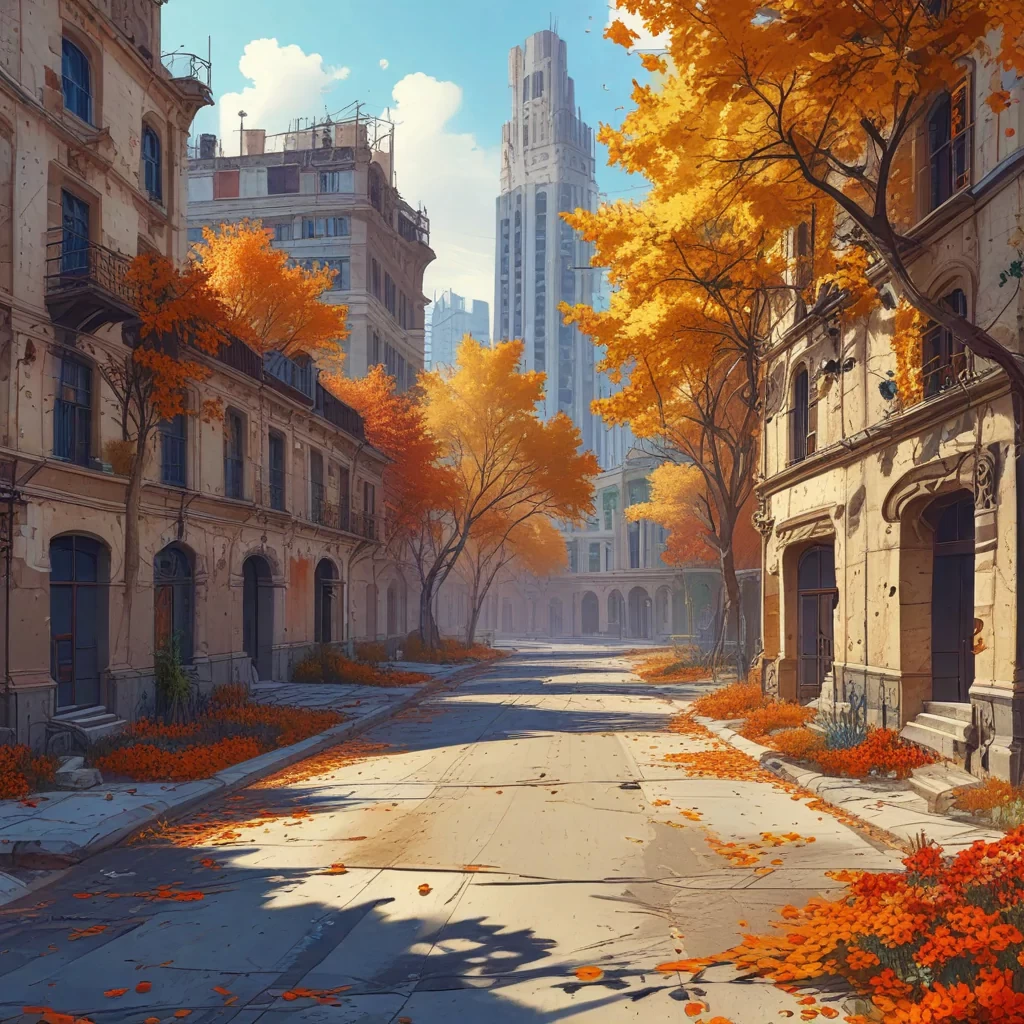 abandoned city with ruined buildings, long deserted streets, cars aged by time, trees, flowers, scattered leaves, empty street, vibrant colors, lineart