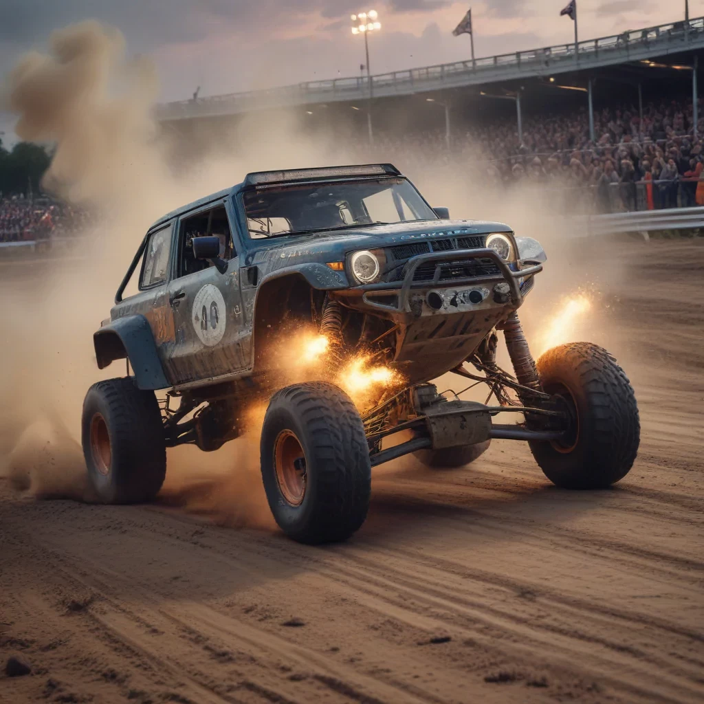 A highly photorealistic image of a off road race track, complete with precise replicas of the world’s most iconic heavy noun, captured at the moment of a sharp turn, with smoke and sparks flying from under the wheels and the noun drifting around the bend. The image captures the excitement of the moment, with happy and noisy fans cheering and waving in the background, (The image is depicted at dusk, with the headlights)