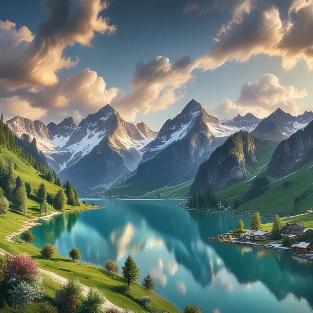 “Generate an image capturing the stunning landscapes of the Alps. Showcase towering, snow-capped peaks, lush green meadows, and crystal-clear alpine lakes. Include quaint villages nestled in the valleys