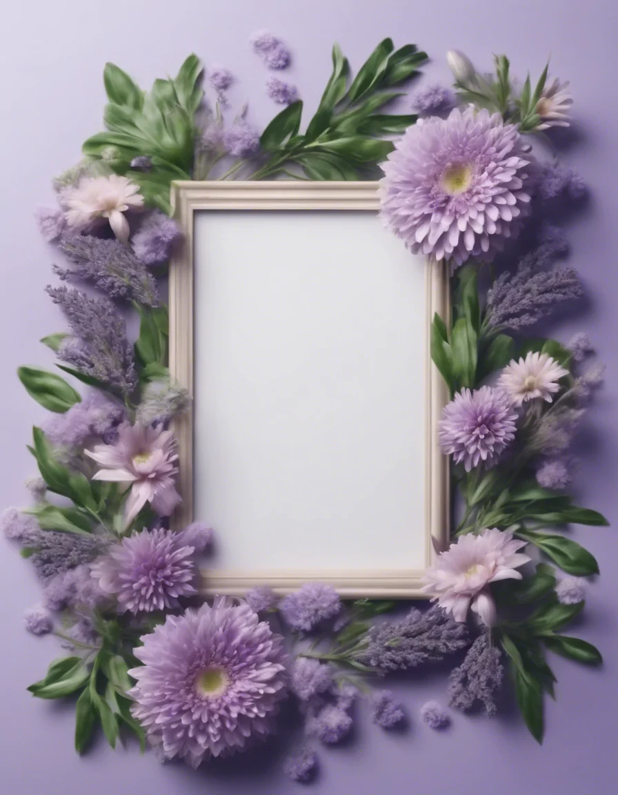 frame of flowers, rectangular, lavender and green flowers, magnificent, ultra realistic, highest resolution, detailed, harmonious
