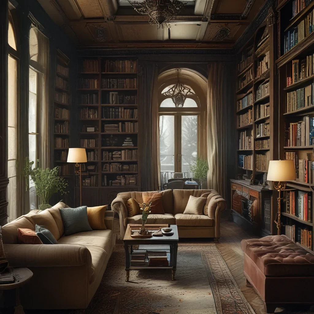 photograph by Max Rive, A striking living room interior, sofa furniture, a living room table, bookshelves, shelving, a fireplace, elegant interior design, perfect layout, consistent colors, moody, hazy, cinematic, surreal, highest resolution, high detail, intricate, best quality, masterpiece, golden ratio, Style Photographic