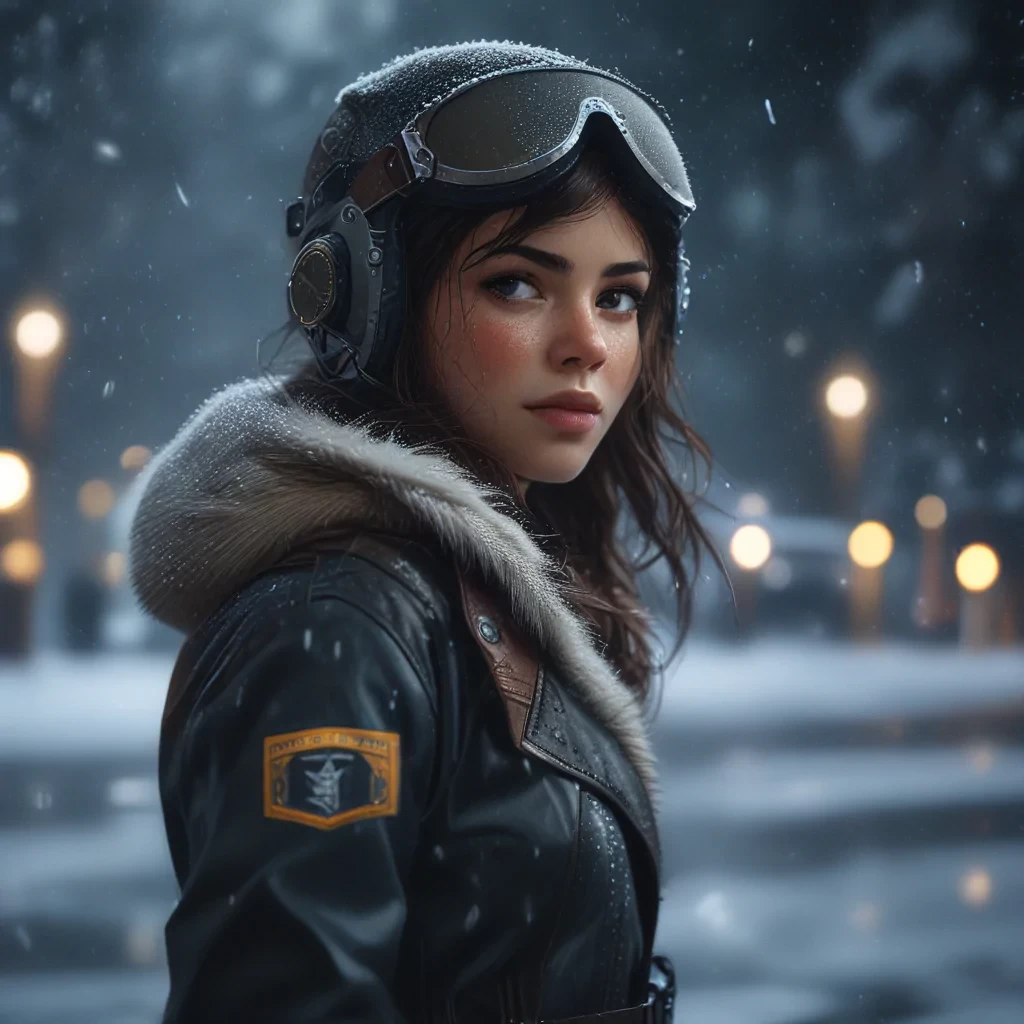Brunette pilot girl in a snowstorm, full body, pretty face, beautiful, moody lighting, intricate details, depth of field, outdoors, Fujifilm XT3, RAW, 8K UHD, film grain, Unreal Engine 5, ray tracing