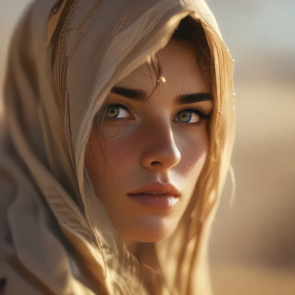 Beautiful young woman, veiled, sandstorm, in the desert , sharp focus, intricate details, vibrant, bokeh, focus on eyes, volumetric lighting, dynamic shadows and highlights, muted colors, shot with Hasselblad, long exposure, shallow depth of field