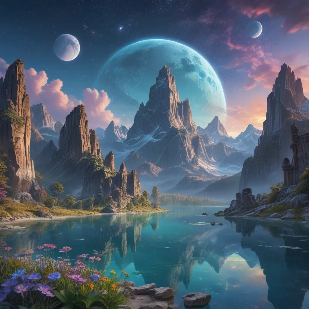 A breathtaking fantasy landscape featuring towering crystal mountains, vibrant alien flora, and a serene azure lake under a star-filled sky with two moons, detailed foreground with luminescent flowers and ancient ruins, vibrant colors, epic scale, 4K resolution