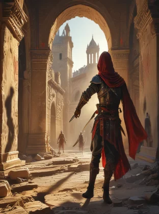 A valiant Assassin's Creed character, dressed in iconic stealth attire with a hidden blade and hood, engaged in an intense battle in ancient Spain. The scene is set amidst historic Spanish architecture with stone buildings, arches, and cobblestone streets. The character is dynamically posed in mid-action, dodging an attack while countering with a swift strike. The background showcases a dramatic sunset casting long shadows and highlighting the intricate details of the period-specific environment. Spanish soldiers in traditional armor are visible, adding to the chaos and intensity of the fight. The image is highly detailed, vibrant, and dramatic, capturing the essence of ancient Spain and the epic nature of the battle