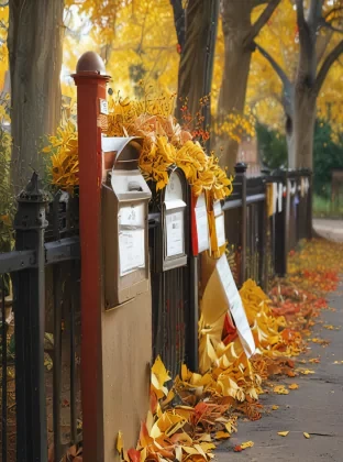 mail box, red, pile of letters beside , London, autumn, yellow leaves