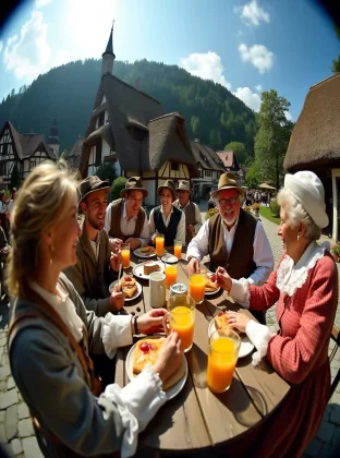 wide angle view of a quaint 18th-century German village in the Black Forest, captured with a wide-angle lens. The scene shows a group of cheerful villagers in period attire gathered in the town square, enjoying slices of Black Forest cake and mugs of orange juice. The distorted wide-angle view encompasses thatched-roof houses, surrounding forest, and perhaps a church spire, giving a sense of the village nestled in the broader landscape.