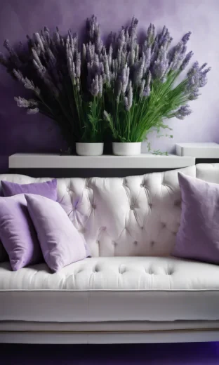 Create a shot of modern white couch i a modern place, framed with lavender and green flowers, straight angle, very realistic, highest resolution