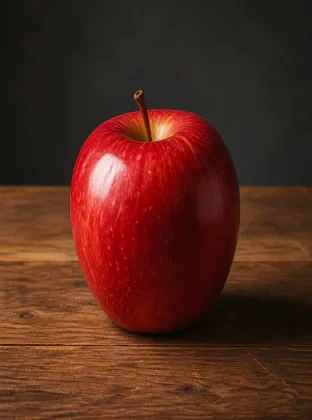 a red apple on a wooden table, studio lighting