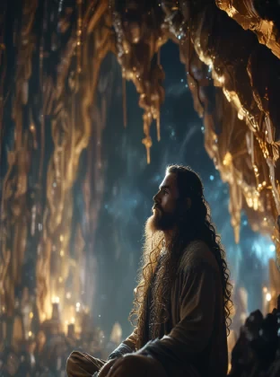 "a award winning heroic shot of a mountain king in a stunning detailed showcave, epic mountainking meditate about life, long curly beard, glowing blue eyes, cave is like a big dome, fantastic stalagmites and stalactites, (cinematic lighting:1.1), moody lights, heroic pose, in the style of photorealistic fantasy, still from a oscar winning fantasy movie, 50mm zeiss supreme prime lens, clear and sharp focus, shallow dof, fantasycore, stonecore, beautifully color graded, dynamic composition, sparkle, (diamonds:1.1), (lens flare:1.05)
