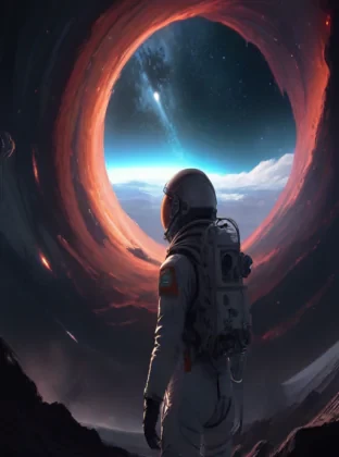 space-themed artwork, a austronaut looking to a black hole, anime style, key visual, vibrant, studio anime, highly detailed, a mysterious image, magical,fantasy, cosmic, dark. cosmic, celestial, stars, galaxies, nebulas, planets, science fiction, highly detailed