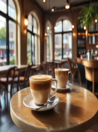 Cafe latte, in a fancy style coffee shop, modern ambience, natural colours, natural light, perfect lighting, 8k, highest quality