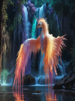 "Cinematic still, filmed by Alfonso Cuar\u00f3n, wide-shot, a creature adorned with luminescent feathers that cascade like a vibrant waterfall, their iridescent glow casting an enchanting shimmer upon the surroundings, mythical creature had stepped into our world, exuding an aura of otherworldly beauty and intrigue