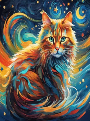 Generate an awe-inspiring and surreal digital painting of a mystical cat adorned with intricate patterns, floating amidst a swirling vortex of vibrant colors and shimmering stars. Capture the essence of Van Gogh's "Starry Night," with bold brushstrokes and a dreamy, otherworldly atmosphere.