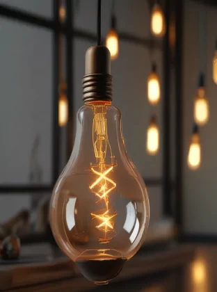 A light up edison bulb, detailed bulb components, clear glass details, warm light , very realistic, very clear picture, high quality,8k
