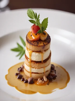 Food photography of a gourmet meal, with a shallow depth of field, elegant plating, and soft lighting